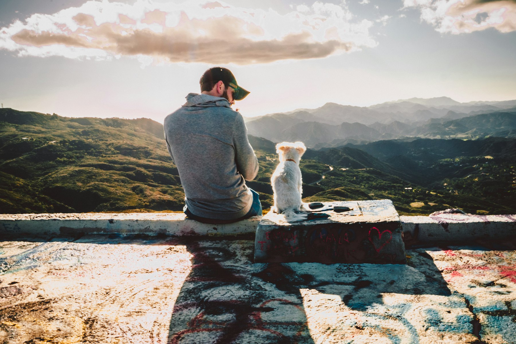 A man sits outdoors beside his dog looking at the hills